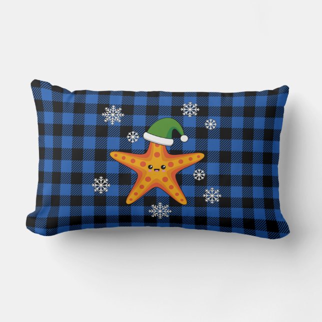 Kawaii Xmas Starfish on Blue Buffalo Pattern Lumbar Cushion (Front)