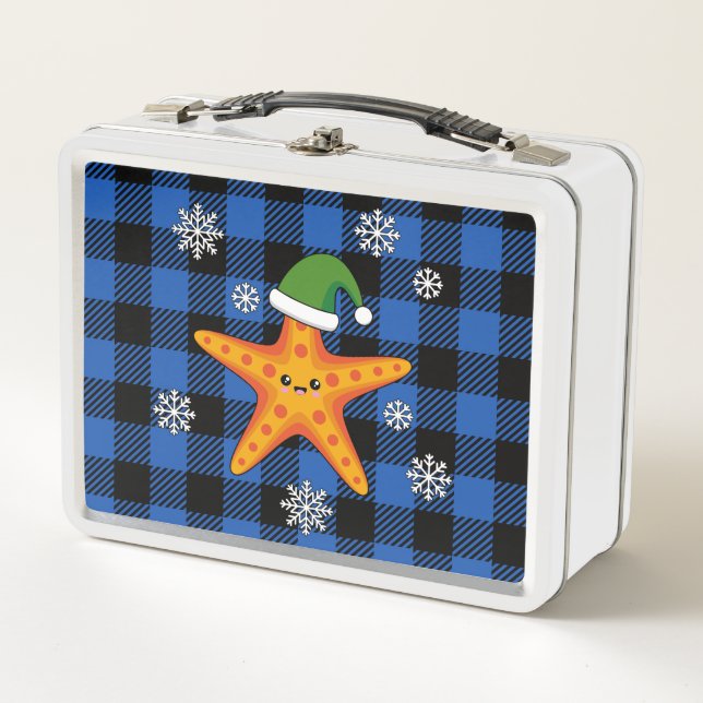 Kawaii Xmas Starfish on Blue Buffalo Pattern Metal Lunch Box (Front)