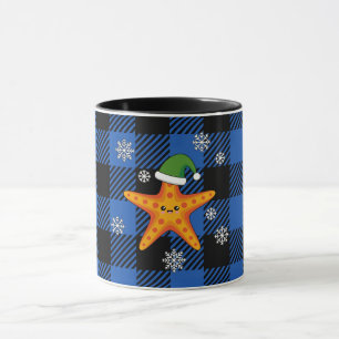 Kawaii Xmas Starfish on Blue Buffalo Pattern Mug