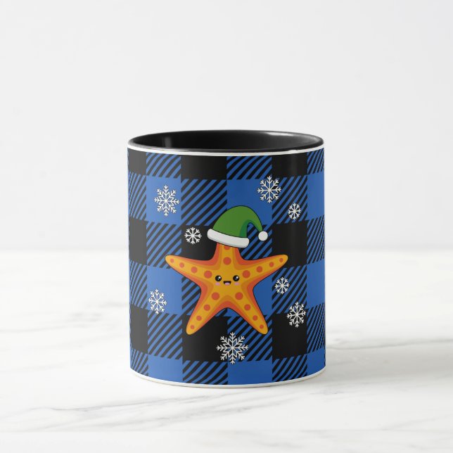 Kawaii Xmas Starfish on Blue Buffalo Pattern Mug (Center)