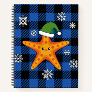Kawaii Xmas Starfish on Blue Buffalo Pattern Notebook