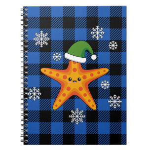 Kawaii Xmas Starfish on Blue Buffalo Pattern Notebook