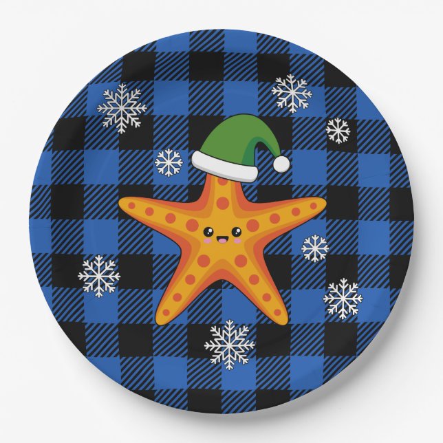 Kawaii Xmas Starfish on Blue Buffalo Pattern Paper Plate (Front)