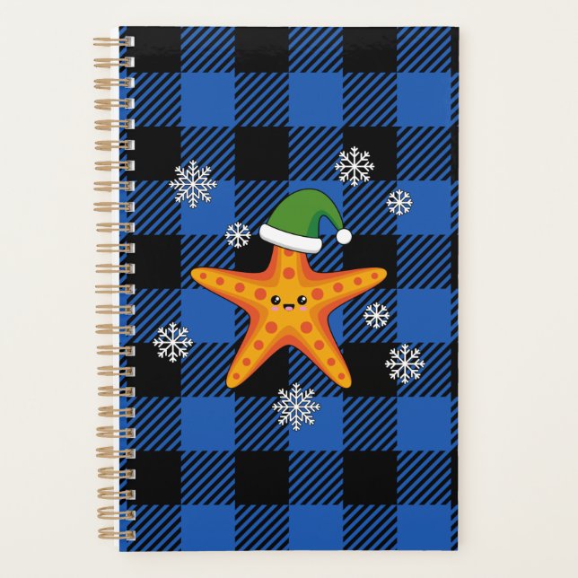 Kawaii Xmas Starfish on Blue Buffalo Pattern Planner (Front)
