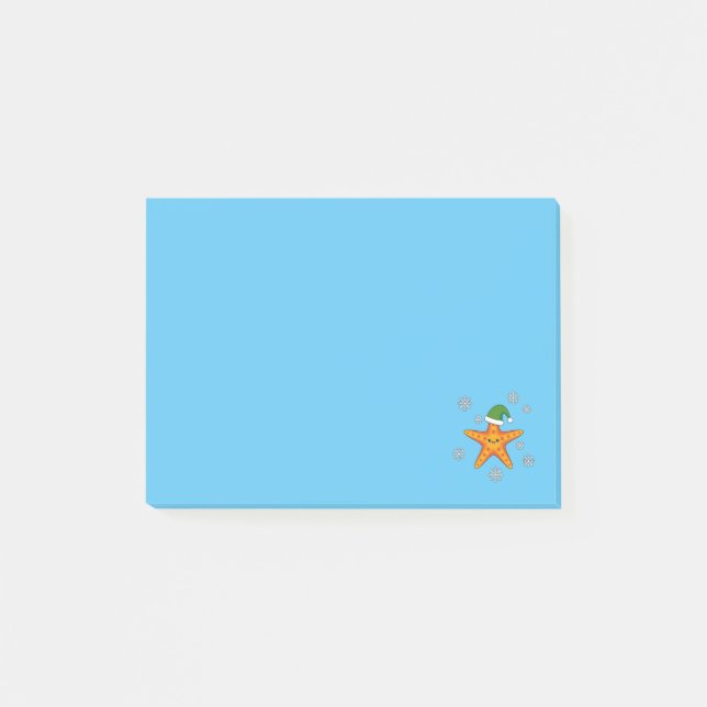 Kawaii Xmas Starfish on Blue Buffalo Pattern Post-it Notes (Front)