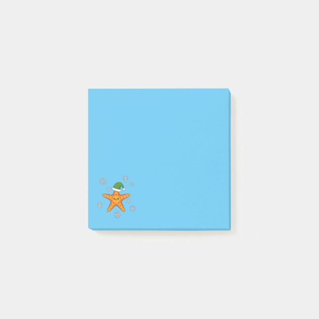 Kawaii Xmas Starfish on Blue Buffalo Pattern Post-it Notes (Front)
