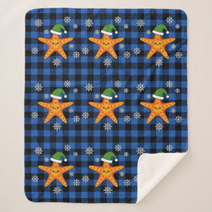 Kawaii Xmas Starfish on Blue Buffalo Pattern Sherpa Blanket