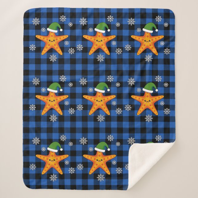 Kawaii Xmas Starfish on Blue Buffalo Pattern Sherpa Blanket (Front)