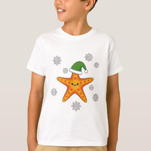Kawaii Xmas Starfish on Blue Buffalo Pattern T-Shirt