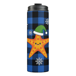 Kawaii Xmas Starfish on Blue Buffalo Pattern Thermal Tumbler