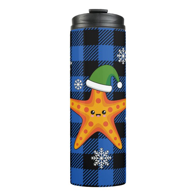 Kawaii Xmas Starfish on Blue Buffalo Pattern Thermal Tumbler (Front)
