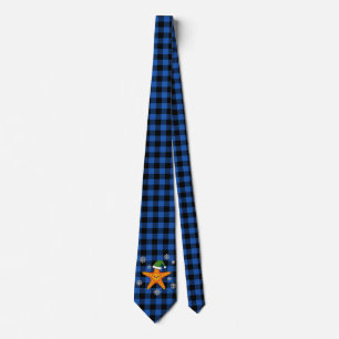 Kawaii Xmas Starfish on Blue Buffalo Pattern Tie