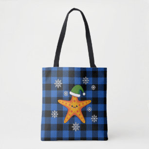 Kawaii Xmas Starfish on Blue Buffalo Pattern Tote Bag