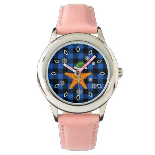 Kawaii Xmas Starfish on Blue Buffalo Pattern Watch