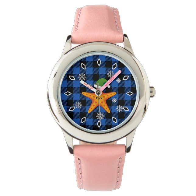 Kawaii Xmas Starfish on Blue Buffalo Pattern Watch (Front)