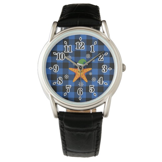 Kawaii Xmas Starfish on Blue Buffalo Pattern Watch (Front)