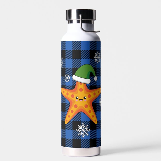 Kawaii Xmas Starfish on Blue Buffalo Pattern Water Bottle (Left)