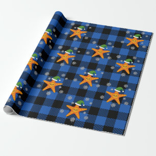 Kawaii Xmas Starfish on Blue Buffalo Pattern Wrapping Paper