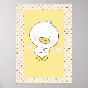 Kawaii Yellow Duckling with Polka Dot Nursery Art Poster