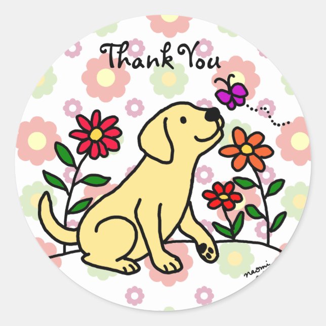 Kawaii Yellow Labrador Cartoon Floral Classic Round Sticker (Front)