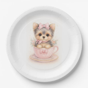 Kawaii Yorkie Teacup Birthday Paper Plate