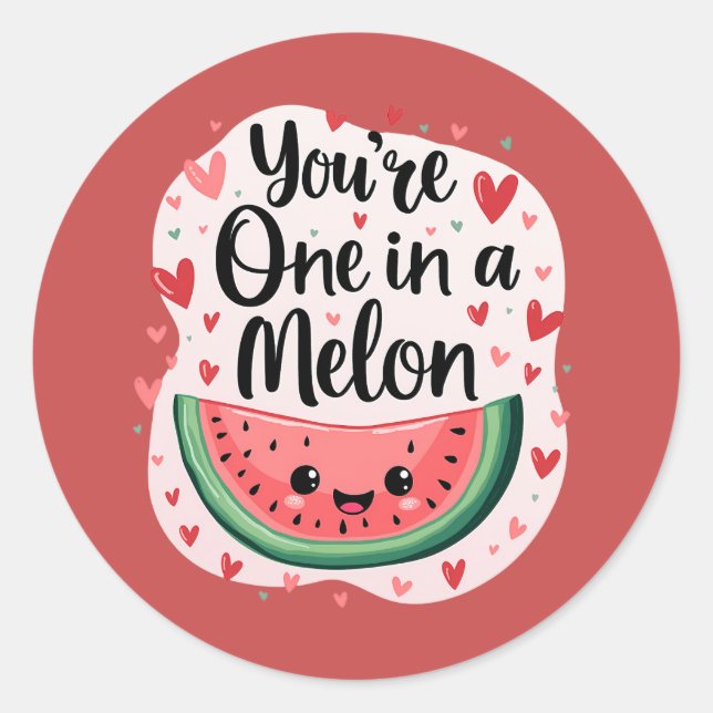 Kawaii "You're One in a Melon" Cute Watermelon Pun Classic Round Sticker (Front)