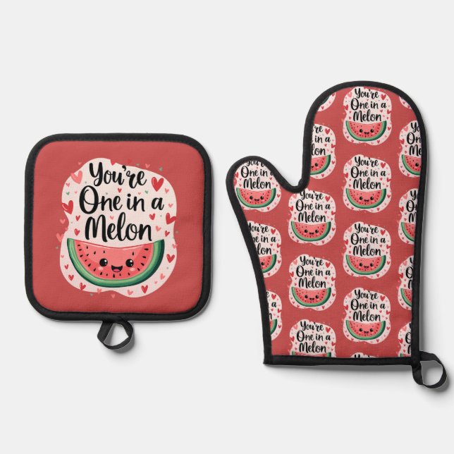 Kawaii "You're One in a Melon" Cute Watermelon Pun Oven Mitt & Pot Holder Set (Front)