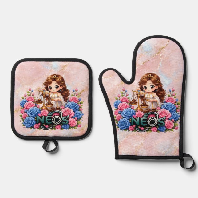 Kawaii Zodiac Neos Libra Oven Mitt & Pot Holder Set (Front)