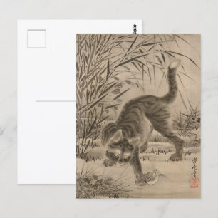 Kawanabe Kyosai Cat Catching a Frog Japanese Art Postcard
