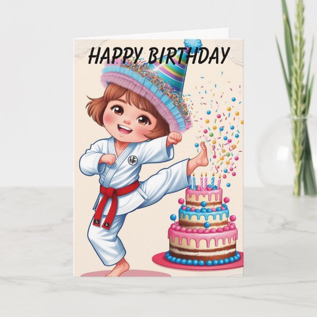 Kawii girl kicking birthday cake card (Front)