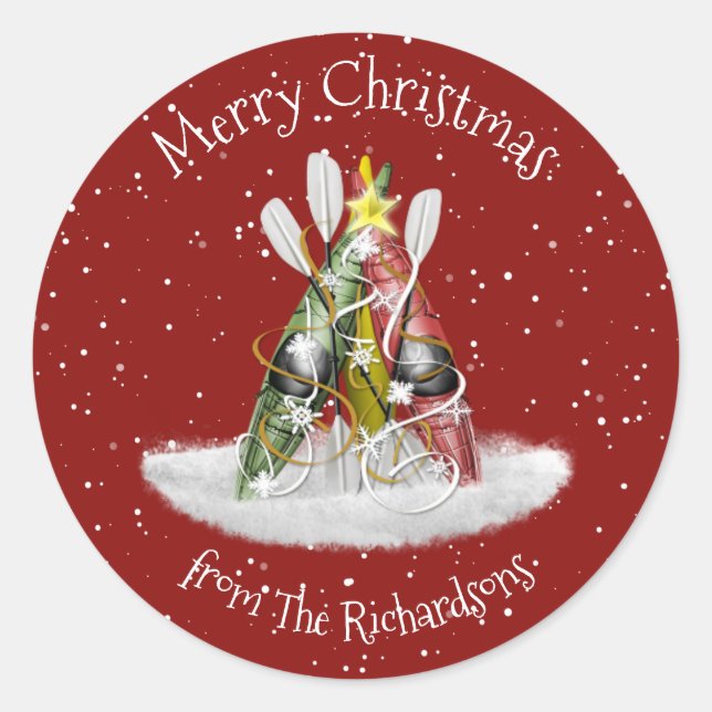 Kayak Christmas Tree kayaks paddles personalised Classic Round Sticker (Front)