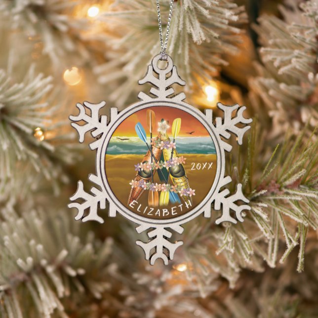 Kayak Christmas Tree on tropical beach at sunset Snowflake Pewter Christmas Ornament (Tree)