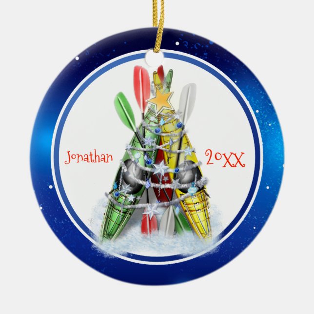 Kayak Christmas Tree personalised Ceramic Tree Decoration (Front)