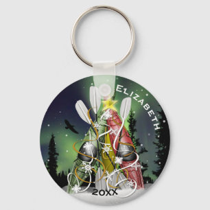 Kayak Christmas Tree under Aurora Borealis Key Ring