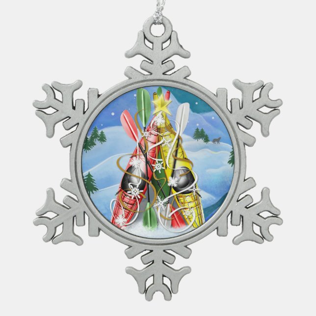 Kayak Christmas Tree Wonders of Nature Snowflake Pewter Christmas Ornament (Front)