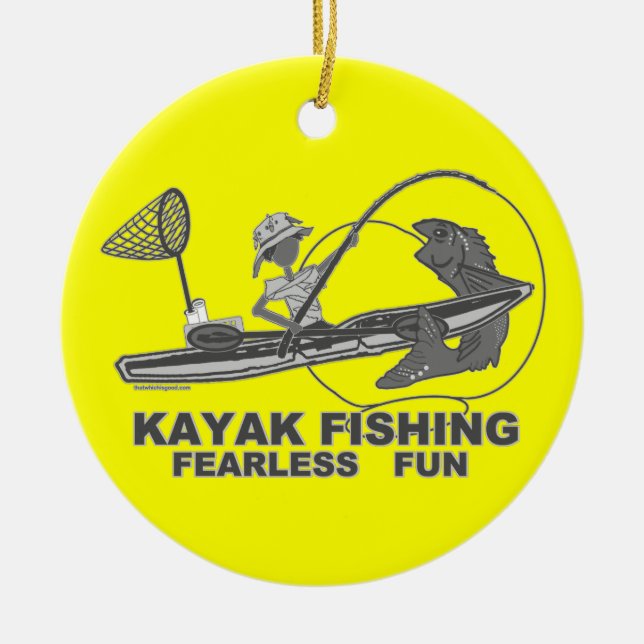 Kayak Fishing Black & White Whimsy Ceramic Tree Decoration (Front)