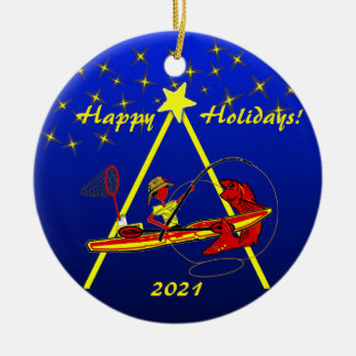 Kayak Fishing Happy Holidays Ceramic Ornament