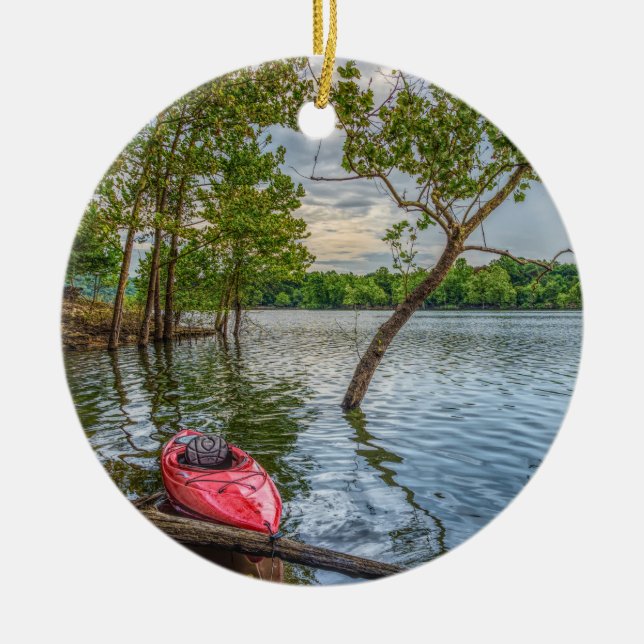 Kayak Floating On Table Rock Lake Ceramic Tree Decoration (Front)