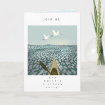Kayak in water with cranes flying over Invitation