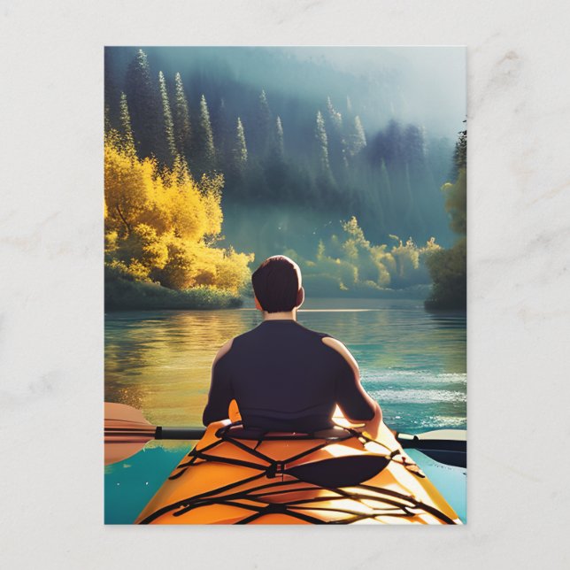 Kayaking on the Lake through Mountains and Trees Postcard (Front)