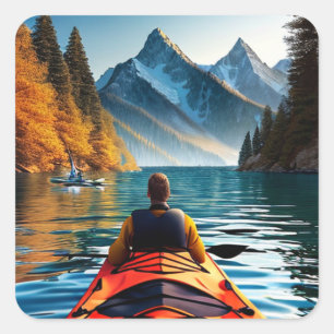 Kayaking on the Water through Mountains and Trees Square Sticker