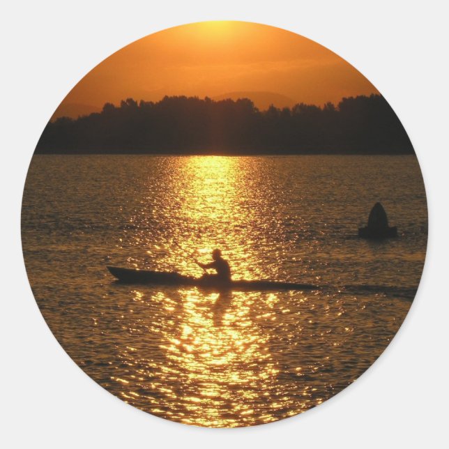 Kayaking Sunset Classic Round Sticker (Front)