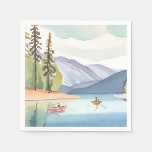 Kayaking the Lake   Landscape Watercolor Napkin