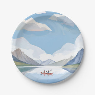 Kayaking the Lake Nature Mountains Watercolor Paper Plate
