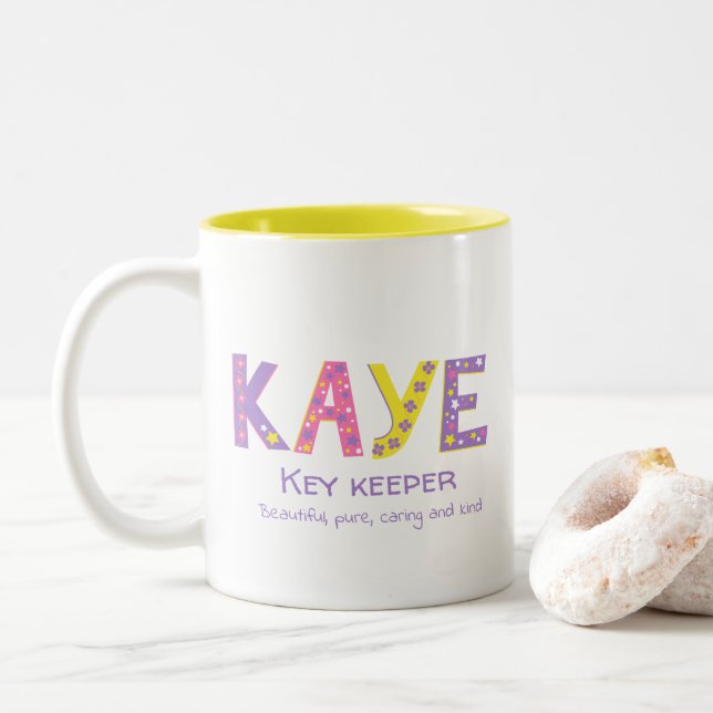 Kaye girls name meaning yellow purple flower stars Two-Tone coffee mug (With Donut)
