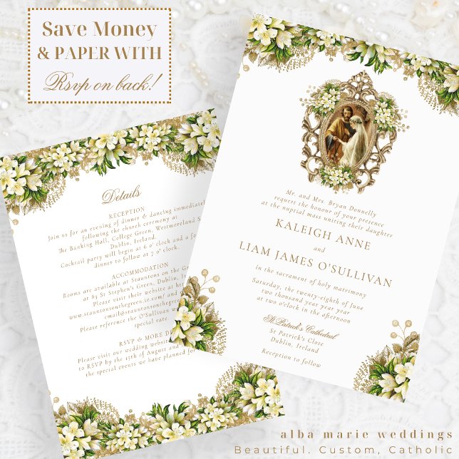 Kayleigh Vintage White Floral Catholic Wedding Invitation (Creator Uploaded)