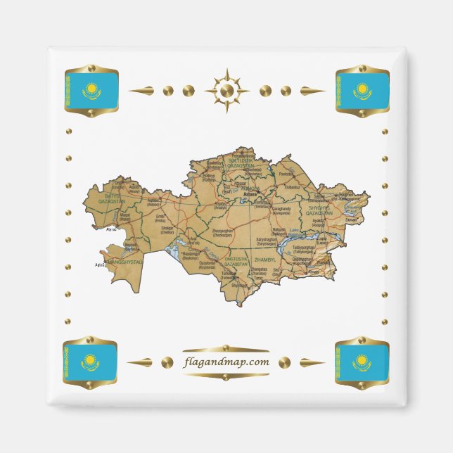 Kazakhstan Map + Flags Magnet (Front)