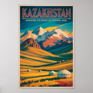 Kazakhstan Steppes Illustration Travel Art Vintage Poster