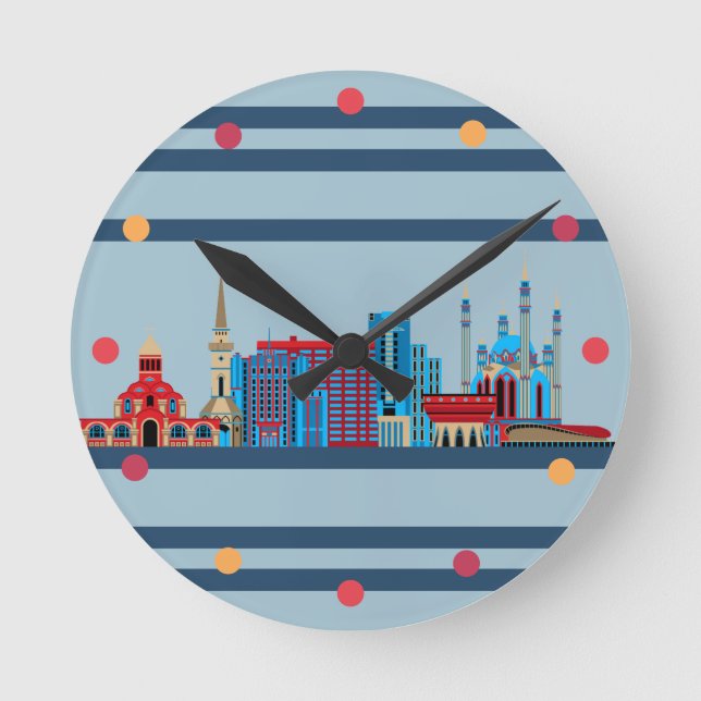 Kazan Russia Skyline Neon Blue Red Modern Wall Round Clock (Front)