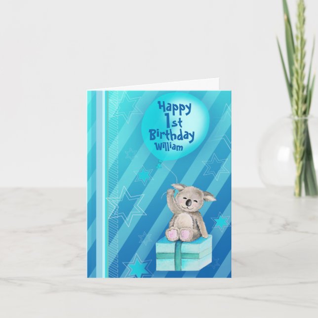 Keddy Koala blue 1st birthday card (Front)